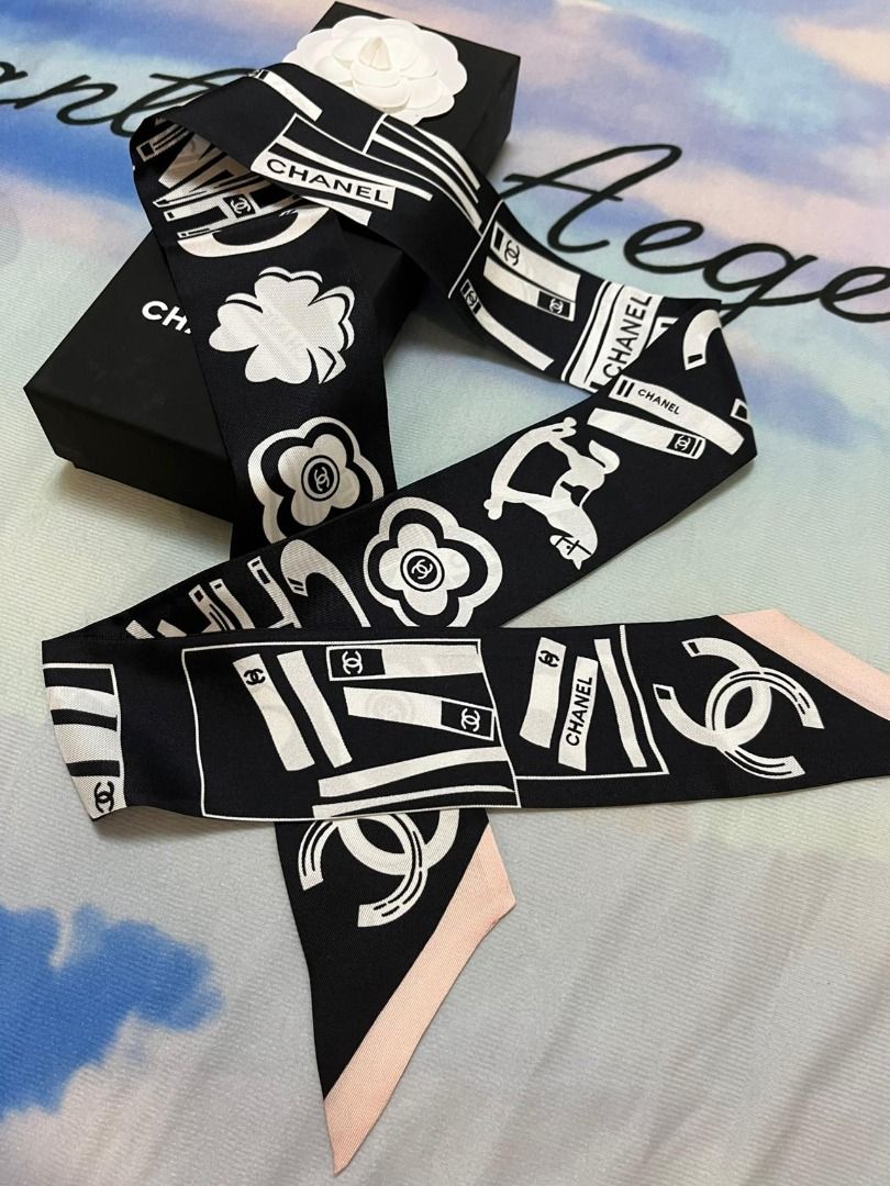 CHANEL Hair Band AA8033 Black White Silk Women's Ribbon Scarf