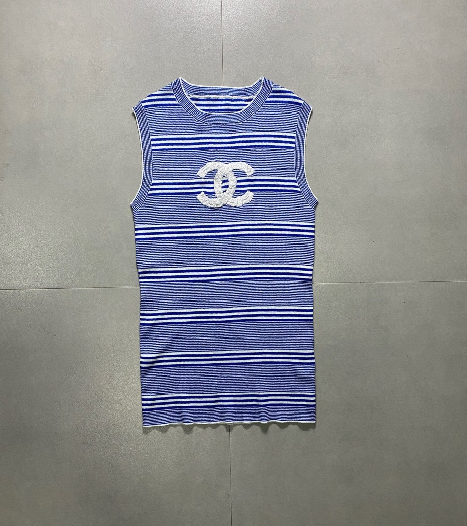Chanel - 19C La Pausa Blue Ecru - Striped CC Logo Tanktop, Women's Fashion,  Tops, Sleeveless on Carousell