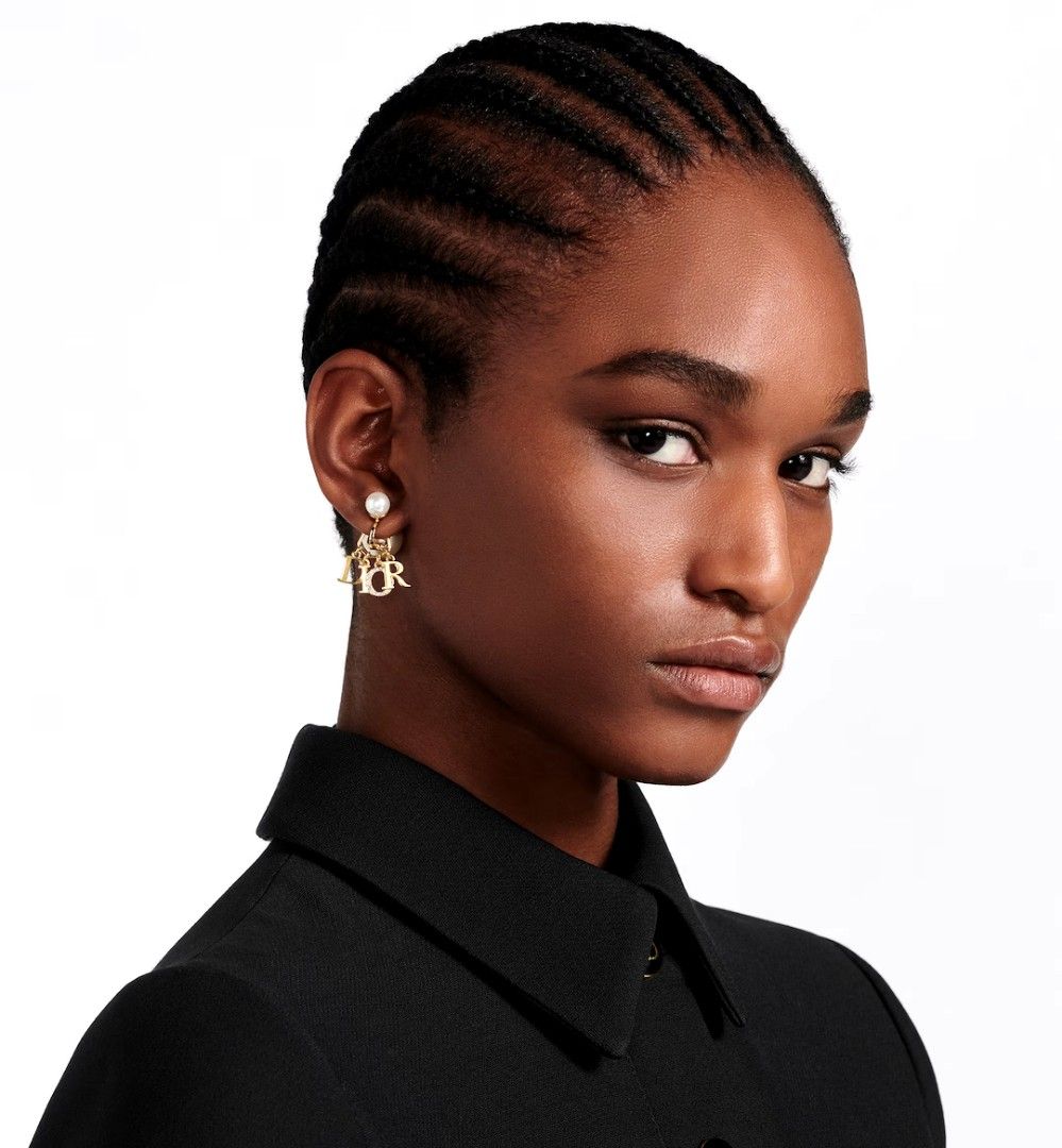 DIOR TRIBALES EARRINGS Gold Finish Metal White Resin Pearls and
