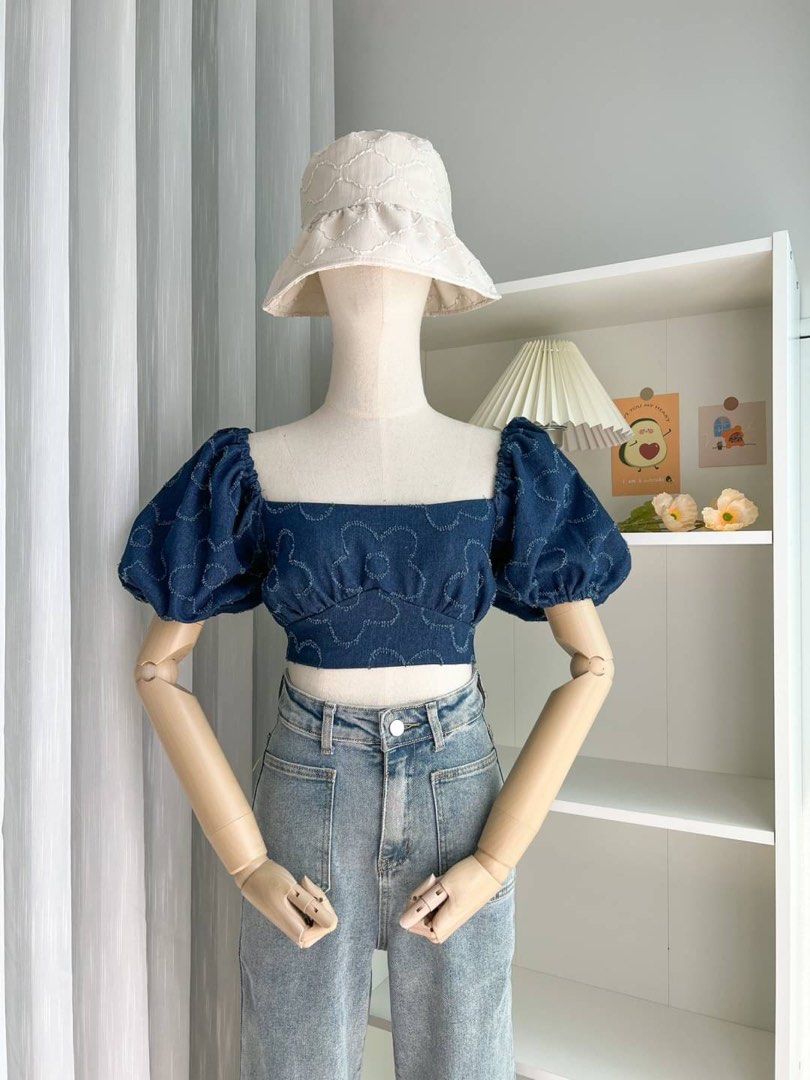 Floral Denim Puff sleeves Top Women s Fashion Tops Blouses on