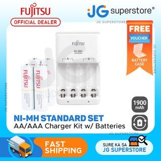 Fujitsu FCT345FXEST Ni-MH Standard Charger for AA and AAA Batteries and LED Status Indicator with 4pcs Rechargeable 1900mAh Double AA Batteries | JG Superstore