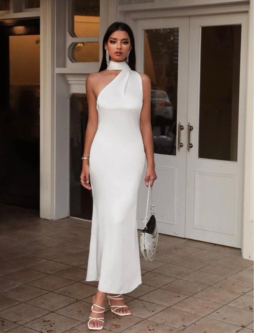 halter neck backless satin dress, Women's Fashion, Dresses & Sets ...