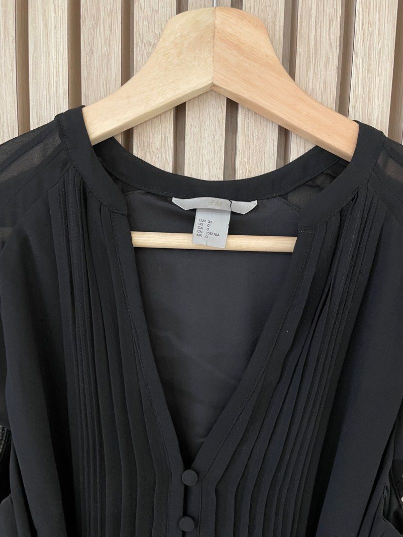 H M Pintuck Flutter Sleeve Tie Waist Black Chiffon Dress Women s