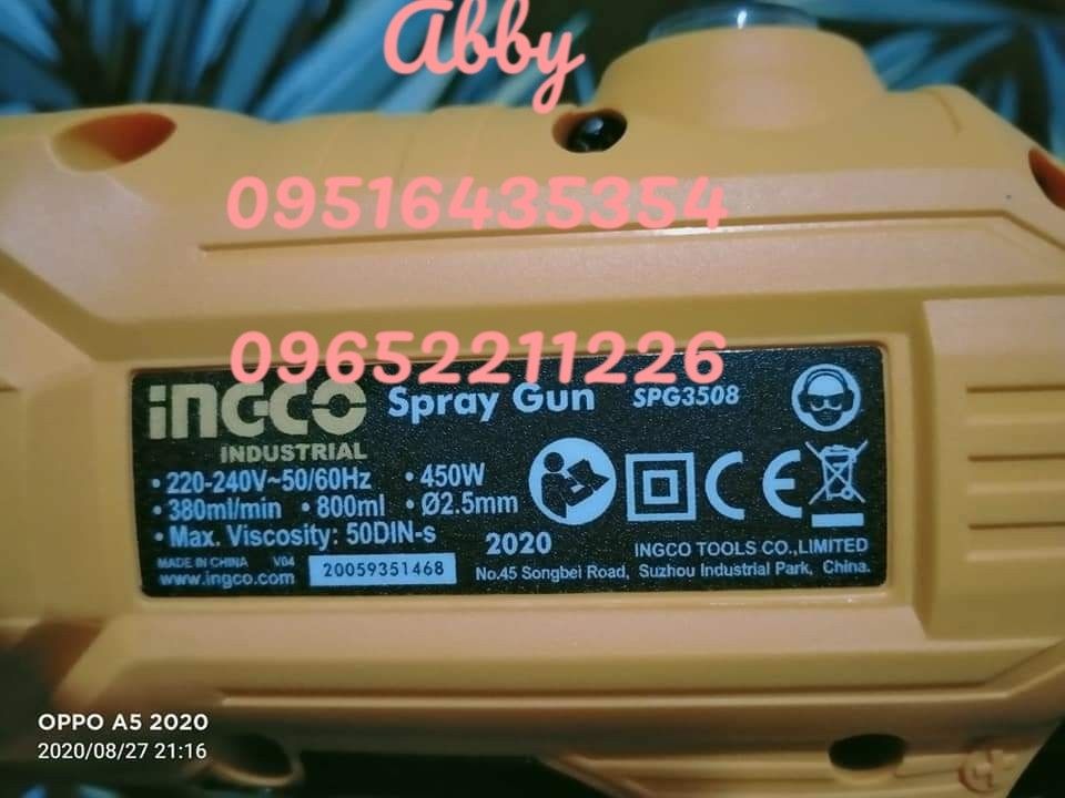 INGCO 450W Spray Gun (SPG3508) (Category: Construction Tools & Equipment) located in Caloocan City. Submitted by abieghail (Listing ID 1250659697, Image 3). Description: INGCO 450W Spray Gun (SPG3508) Price : ₱1,400 Model: SPG3508 Voltage: 220-240V~50/60Hz Input Power: 450W Spraying Pressure: 0.1-0.2Bar Max Flow: 380ml/min Max. Viscosity: 50DIN-s Container Capacity: 800ml Accessories: 1x Viscosity Measuring Cup 1x Nozzle Cleaning Needle 1x Manual