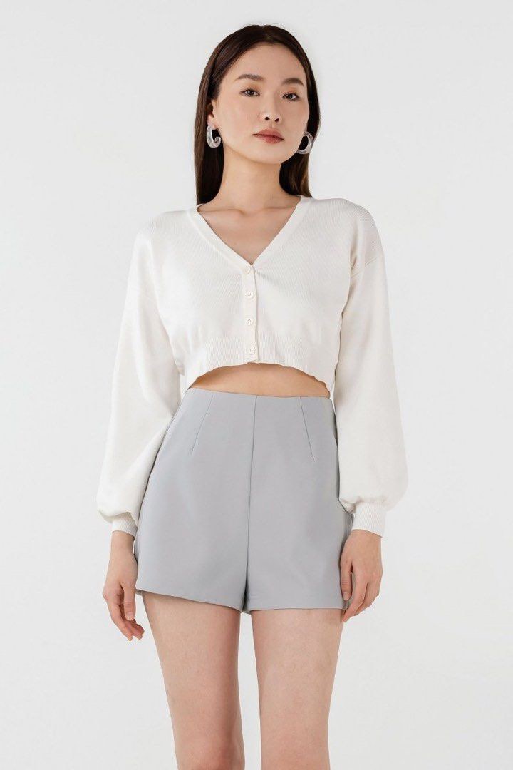 Sarah Louise Cropped White Cardigan with Eyelet Collar main image 1