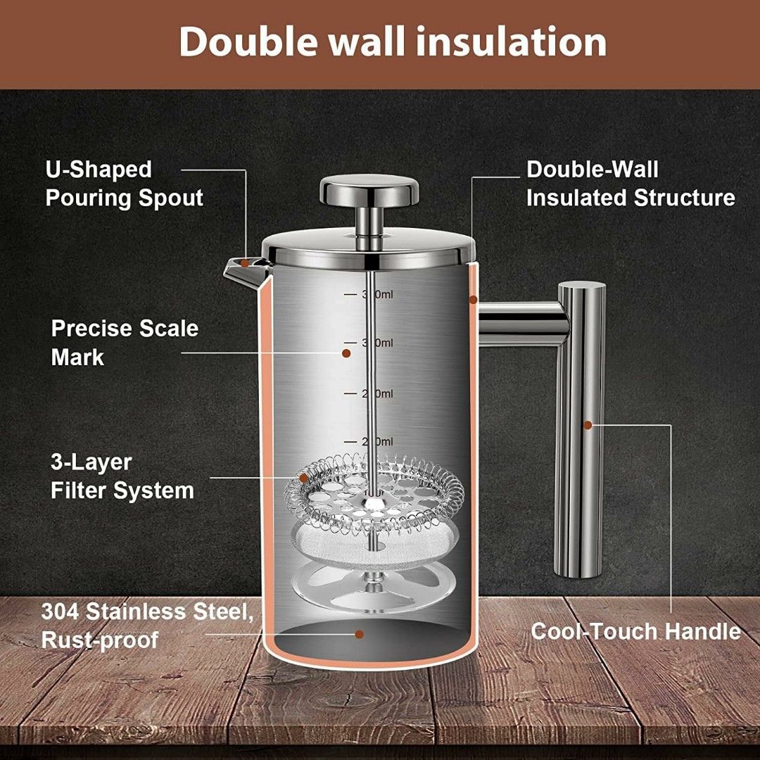 Secura French Press Coffee Maker, Double-Wall 304 Grade Stainless Steel  Coffee Press with 2 Extra Screens, 34oz (1L), Black