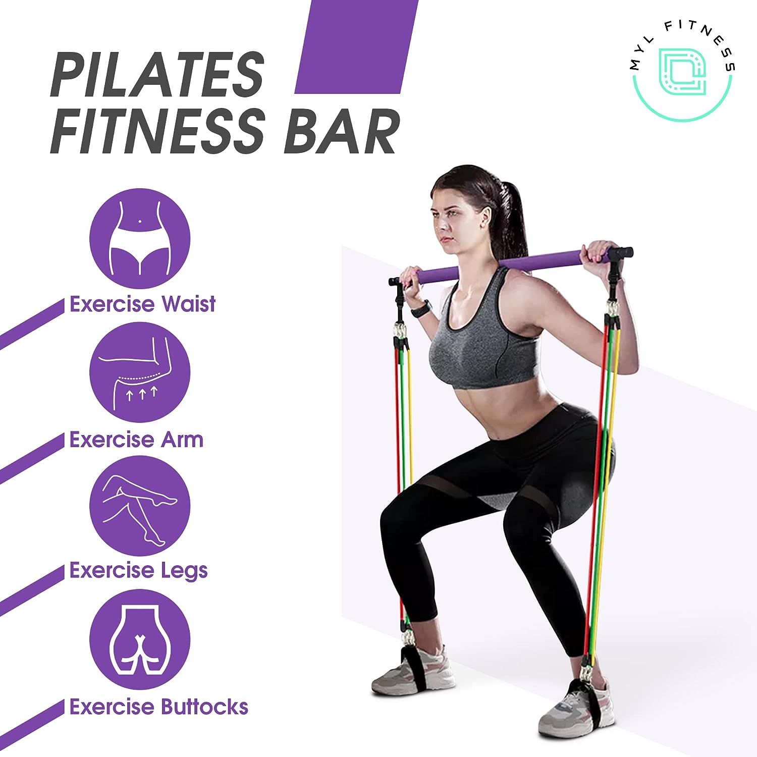 MYL Fitness Pilates Bar Kit with Resistance Bands 6 Resistance
