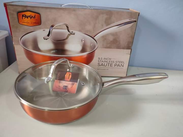 Parini Cookware Stainless Saute Pan w/ Glass Lid 9.5 Inch Stove Top  Dishwasher.. BRAND NEW FEATURES - Cookware, Facebook Marketplace