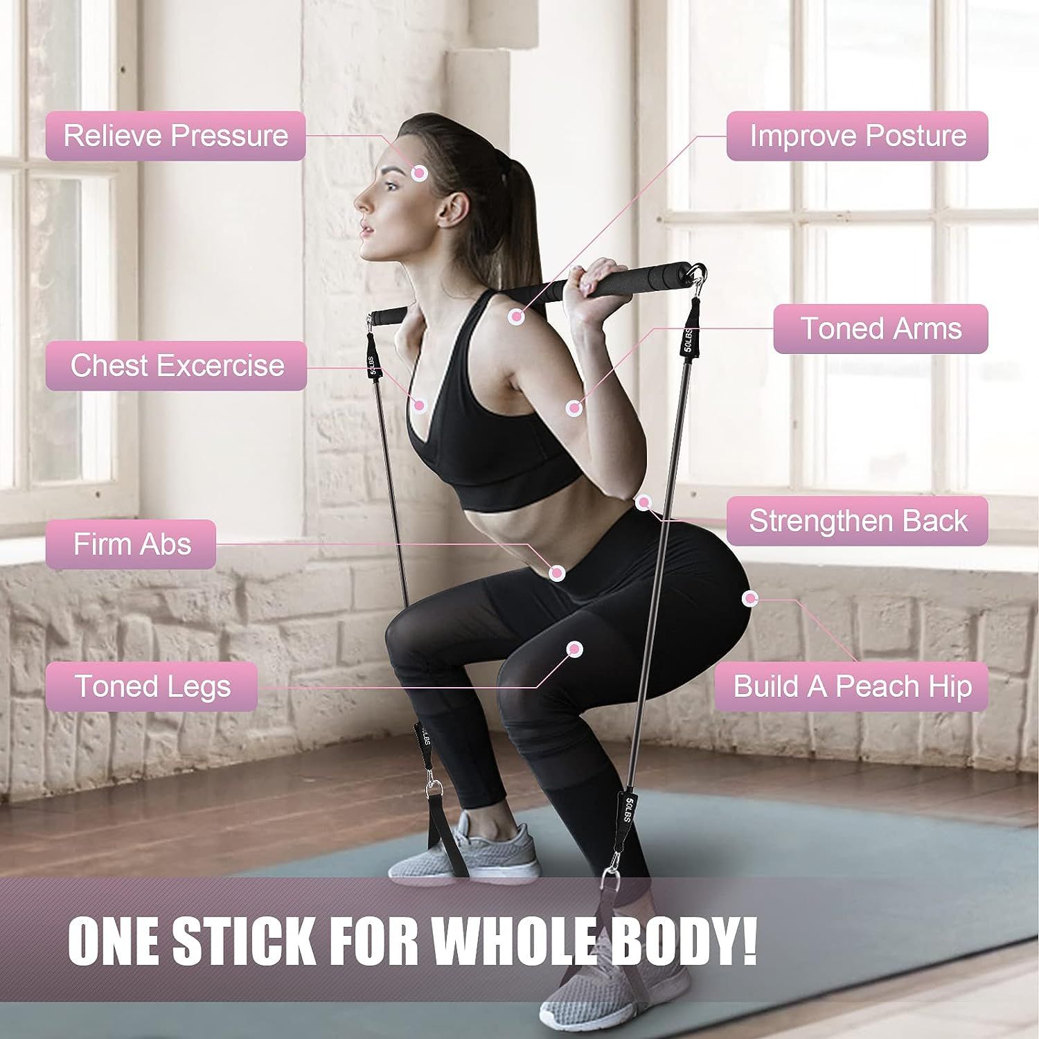 Portable Pilates Bar Kit Home Exercise Stick With Resistance Band