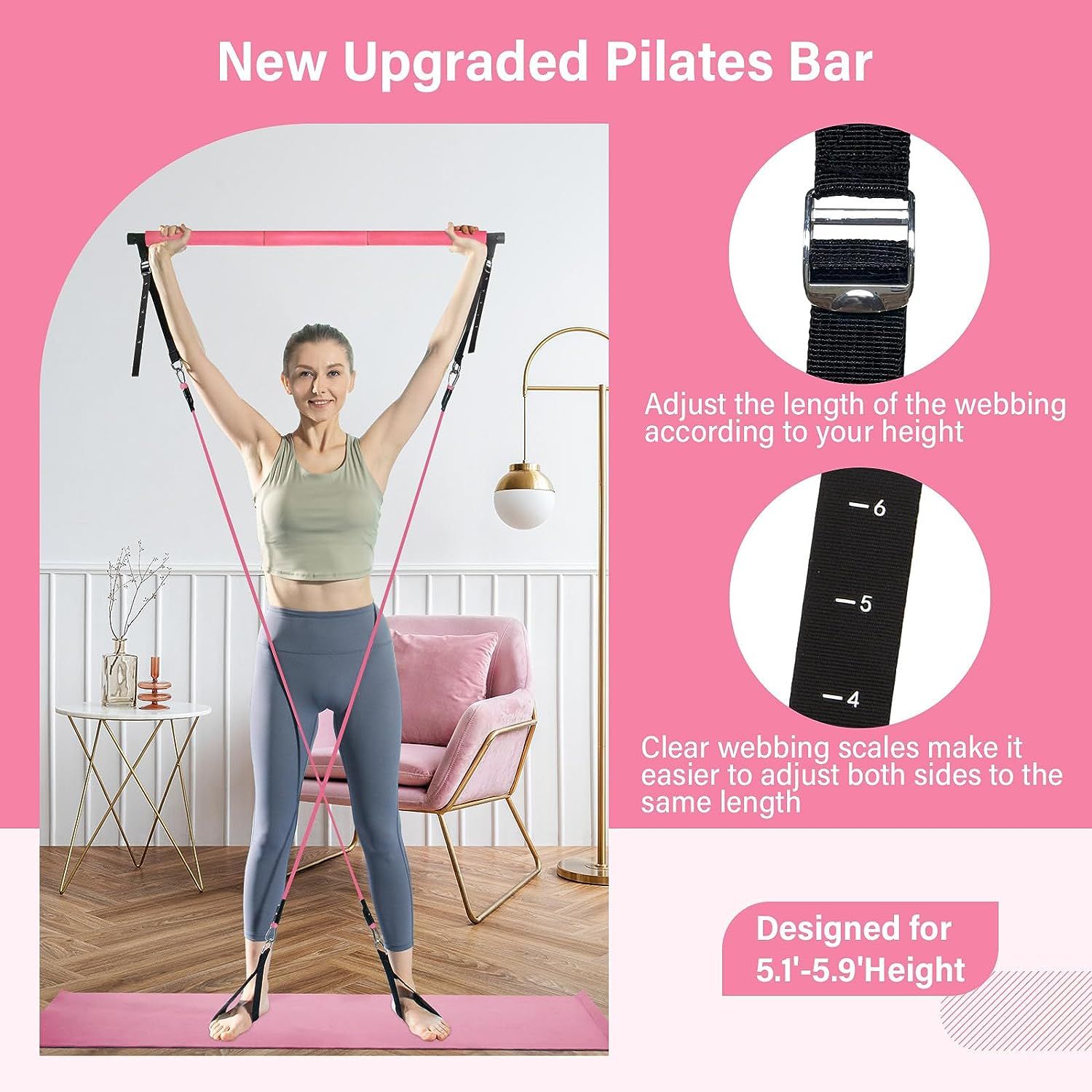 Pilates Bar Kit with Resistance Bands (30, 40 Lbs) - Portable 3 Section  Stick with Adjustable Length Bands - Multifunctional Fitness Equipment for