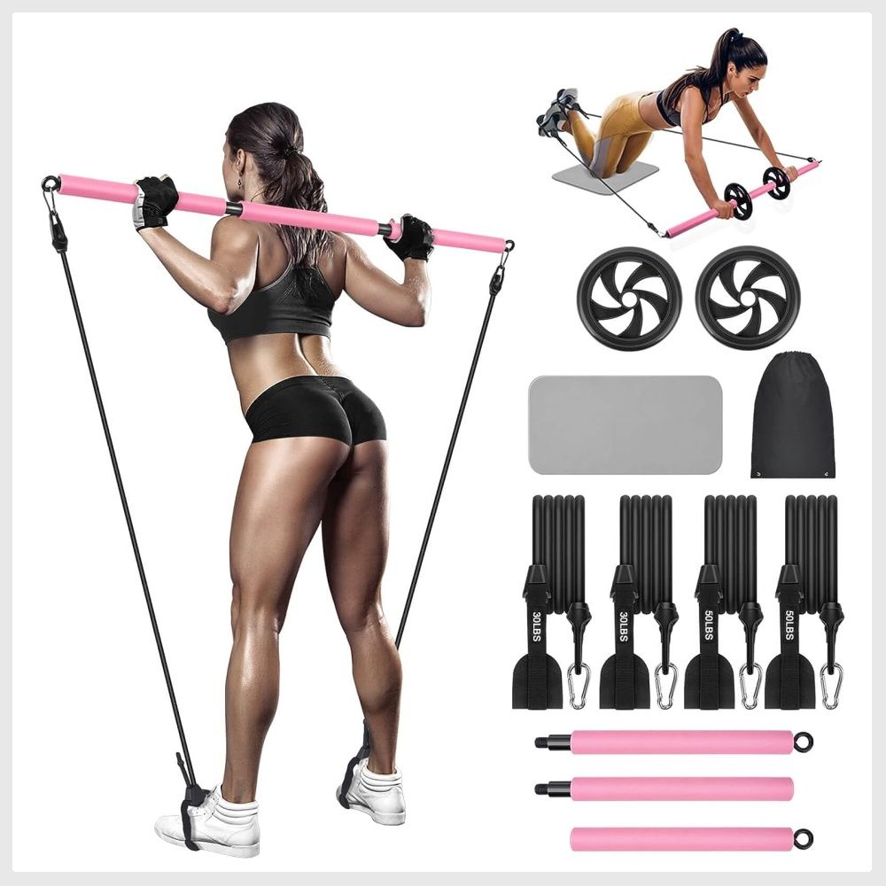 Pilates Bar Kit with Ab Roller, Adjustable 3-Section Pilates Bar