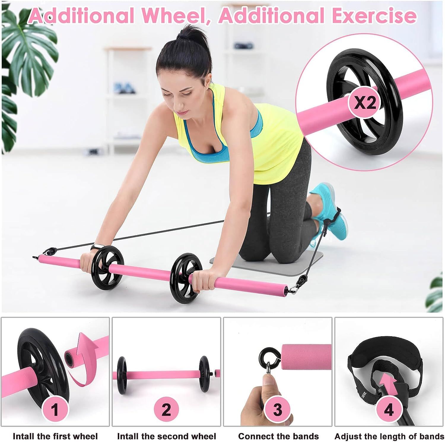 Yoga Pilates Bar Kit with Resistance Band Equipment Exercise Fitness Gym  Pink