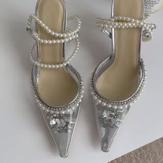 Pointy PVC heels / Shoes with Pearl & Crystal // Sepatu Wanita