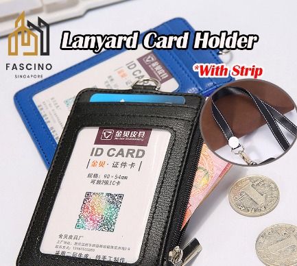 Badge Holder with Zipper, PU Leather ID Badge Card Holder Wallet with 5 Card Slots, 1 Side RFID Blocking Pocket and 20 inch Neck Lanyard Strap for
