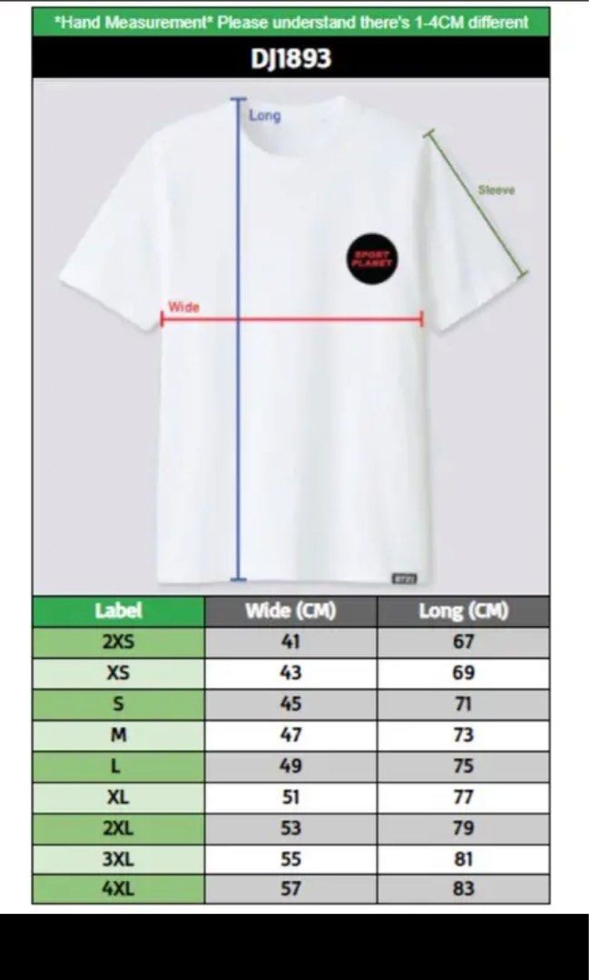 Reebok t shirt size chart store