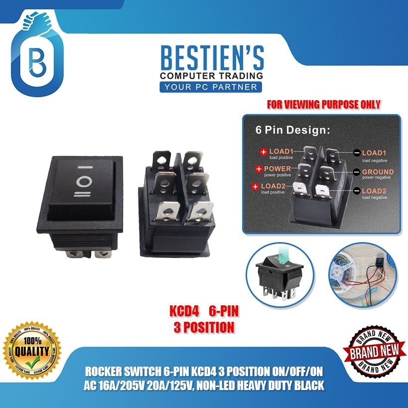 ROCKER SWITCH 6-PIN KCD4 3 POSITION ON/OFF/ON AC 16A/205V 20A/125V, NON ...