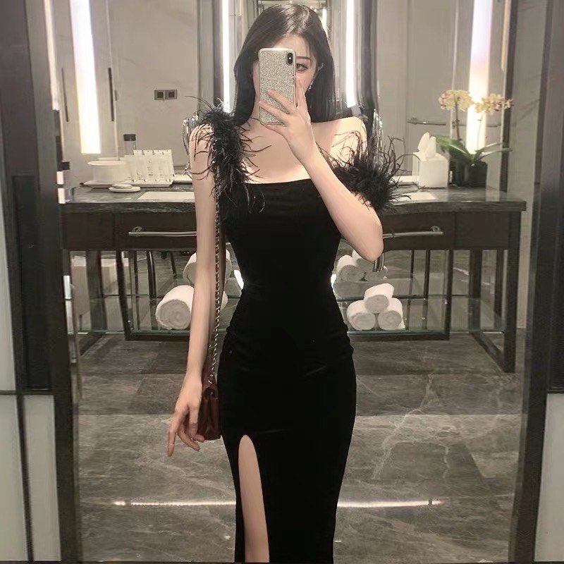 Sexy Slim Feather Dinner Dress Women s Fashion Dresses Sets
