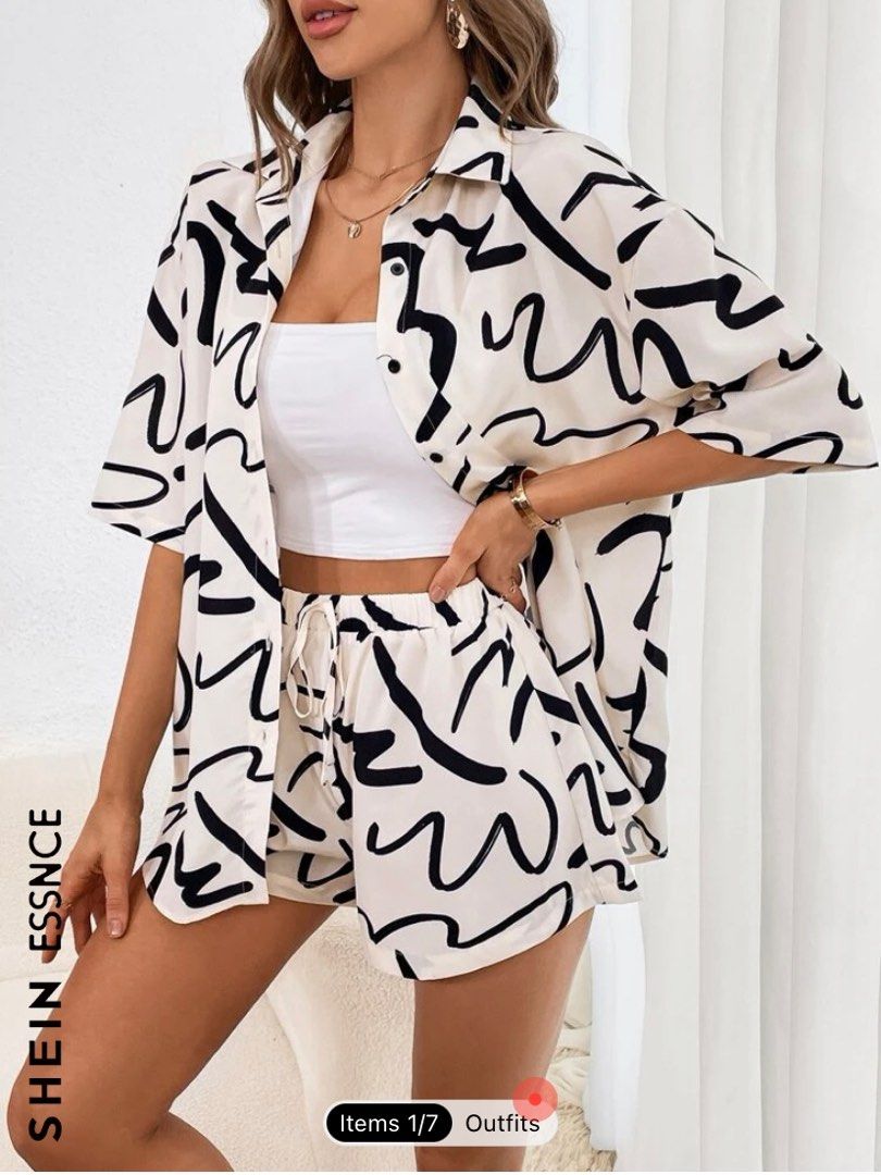 SHEIN Essnce Allover Print Drop Shoulder Shirt & Shorts Without Cami Top