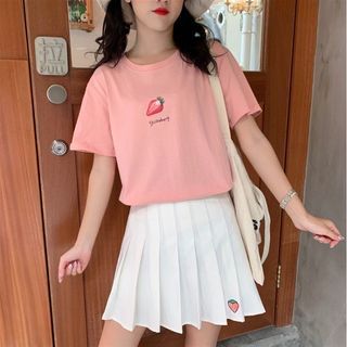 水果印花短袖閨蜜T恤 牛油果色ins超火短袖 短袖T恤 閨蜜T上衣 網紅款 少女早春 百搭T恤 閨蜜上衣 百搭清新