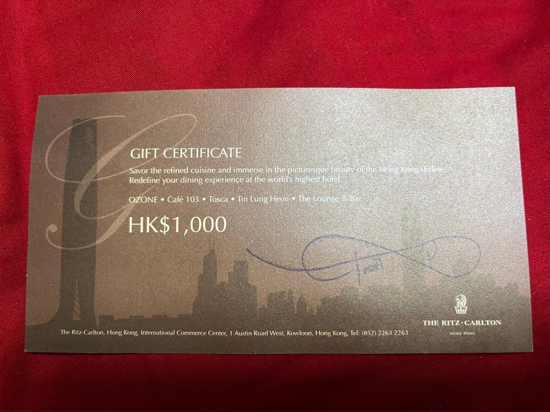 The Ritz Carlton HKD1 000 gift certificate 門票＆禮券 兌換券 Carousell