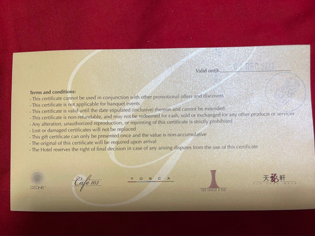 The Ritz Carlton HKD1 000 dining gift certificate 門票＆禮券 兌換券 Carousell