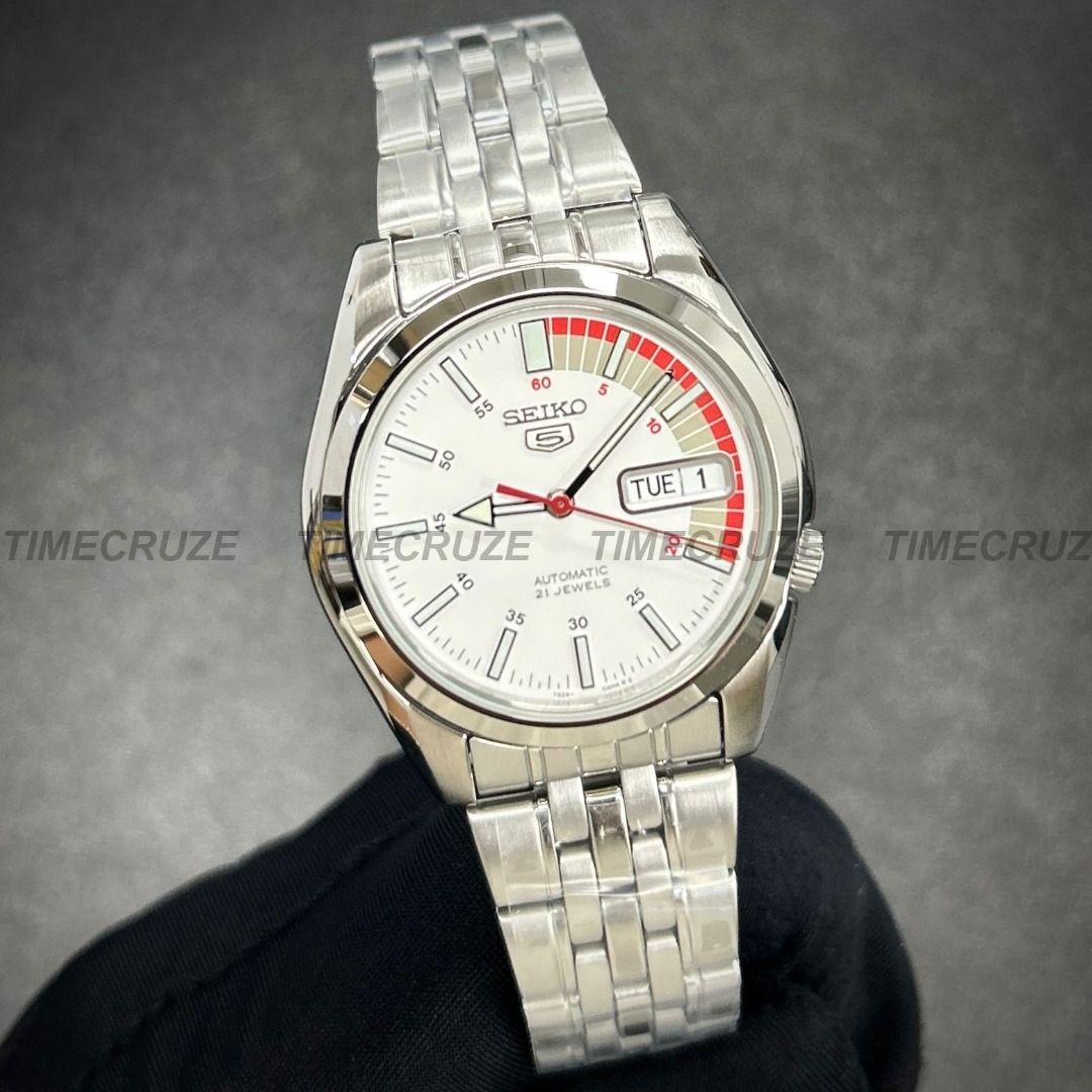 Time Cruze Seiko 5 SNK369K1 Automatic Speed Meter Racer White Dial Men Watch SNK369 SNK369K