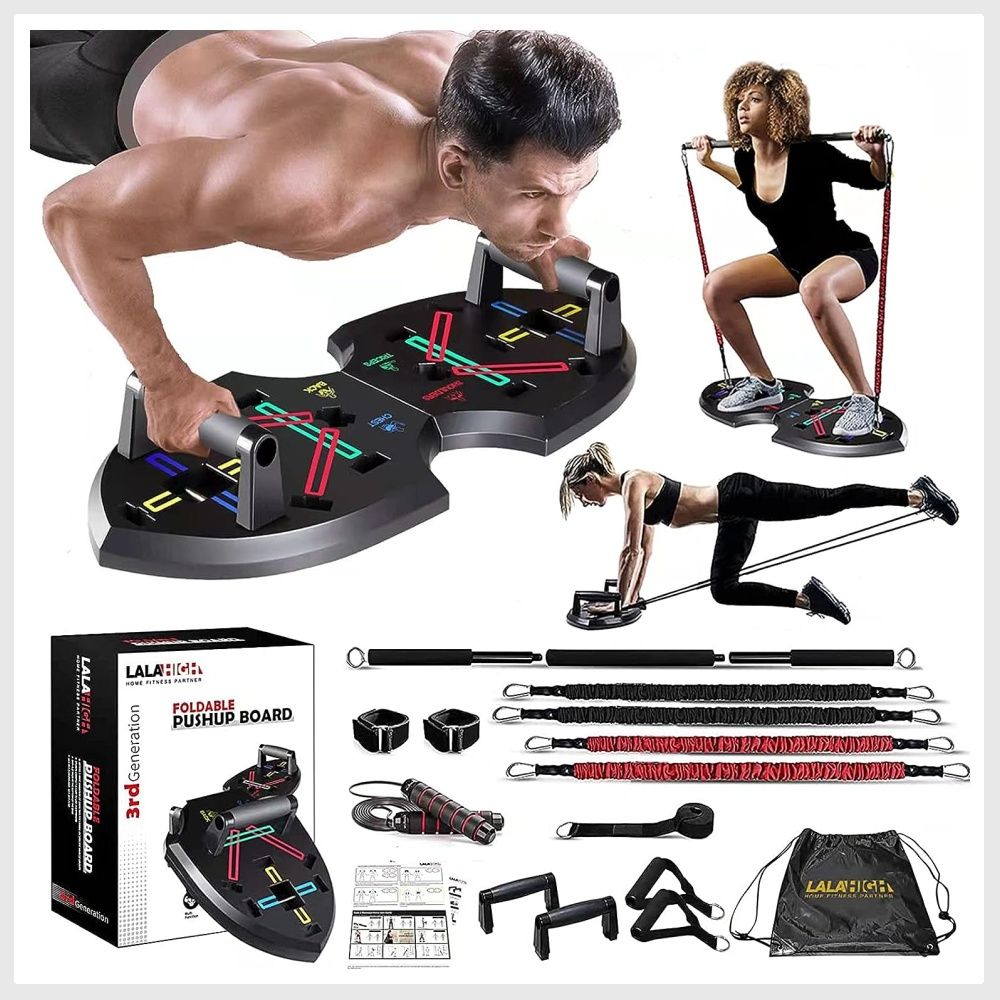 Portable Home Gym Workout Equipment with 16 Exercise Accessories Including  Fitness Board, Push Up Board, Elastic Resistance Bands, Pilates Bar and  More for Full Body at Home Exercise Equipment : : Sporting