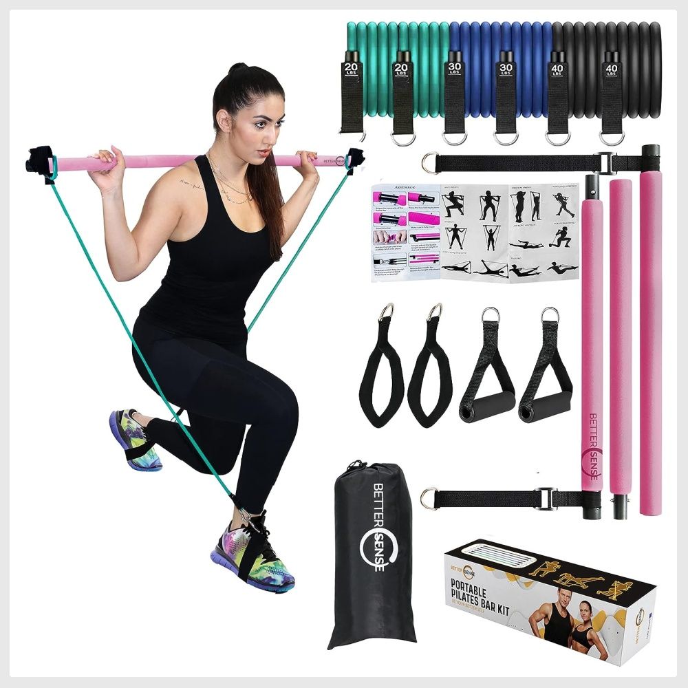 Upgraded Portable Pilates Bar Kit - Adjustable 46.5 Inches 3 Section Pilates  Bar with Resistance Bands 20
