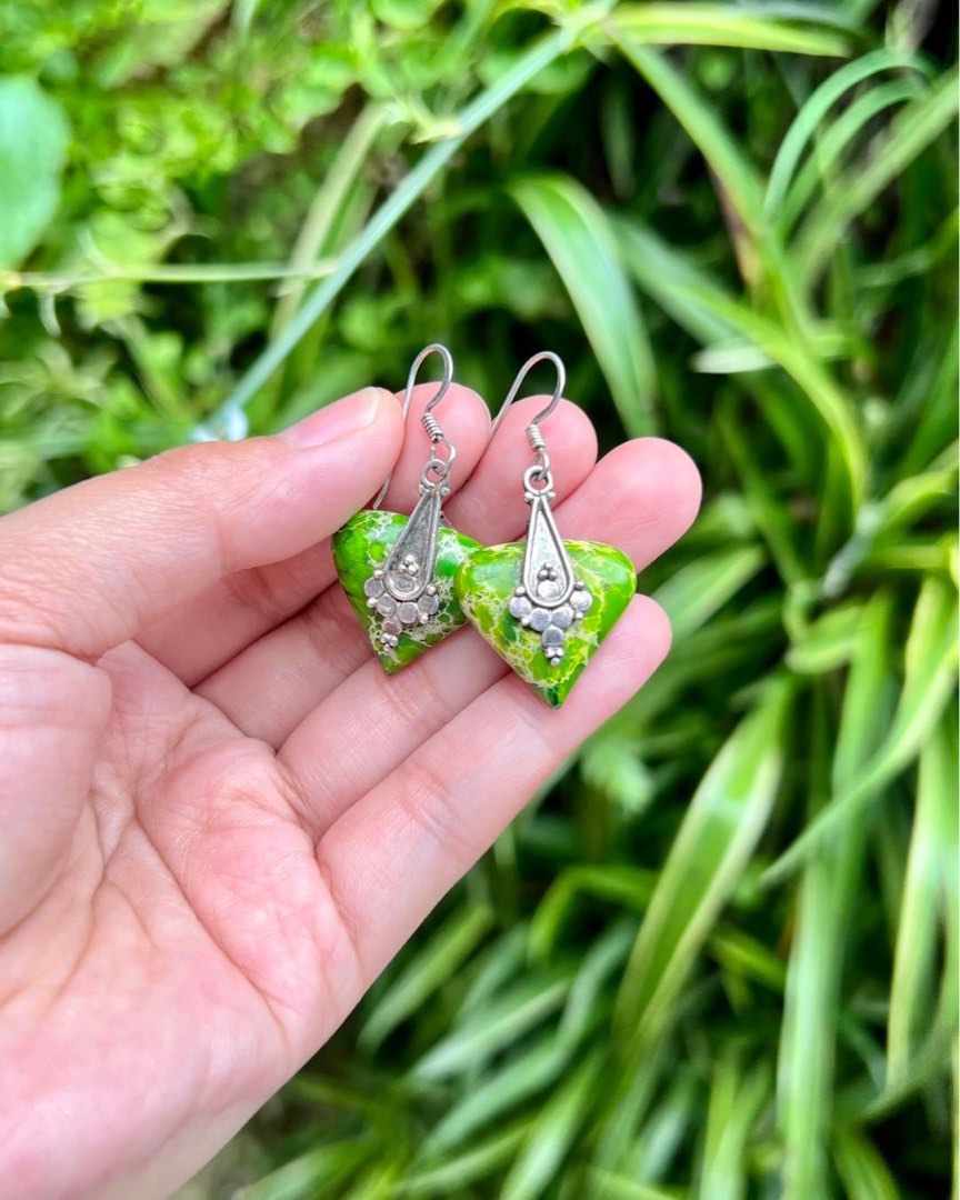Bali Silver Green Jasper with Swarovski Crystal Earrings  Shibui   Daughters