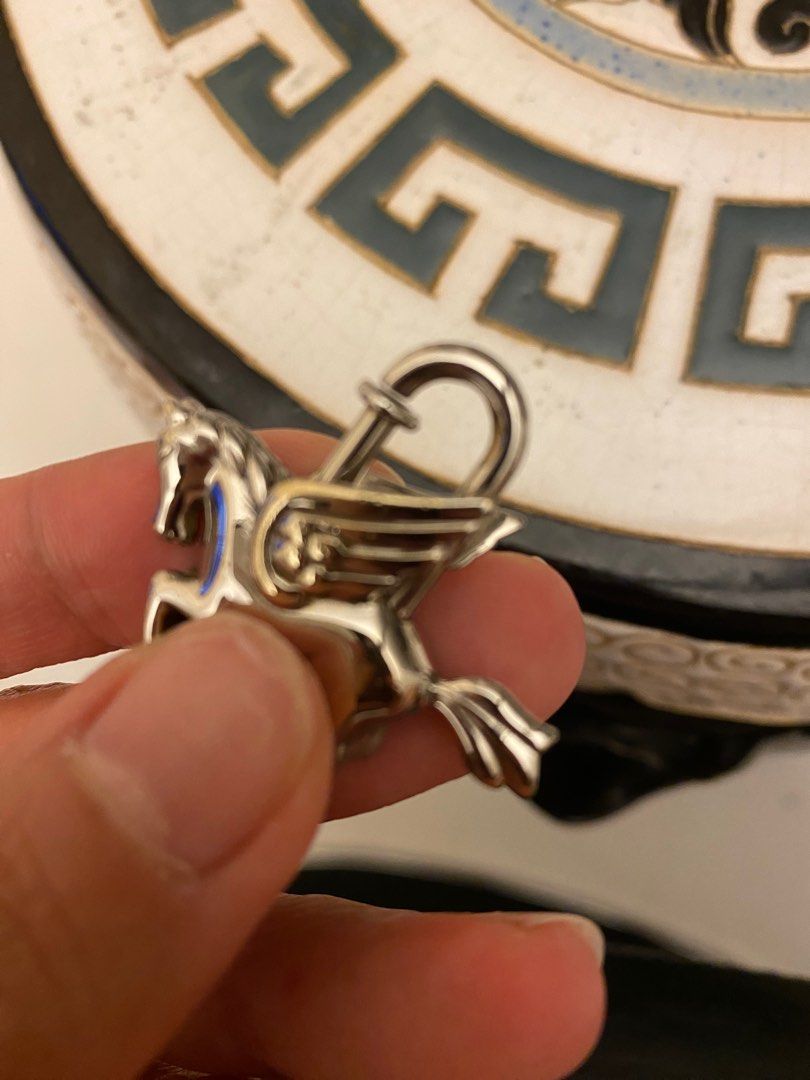 Authentic HERMES Pegasus Motif Cadena Lock Bag Charm Silver Brass #1090316