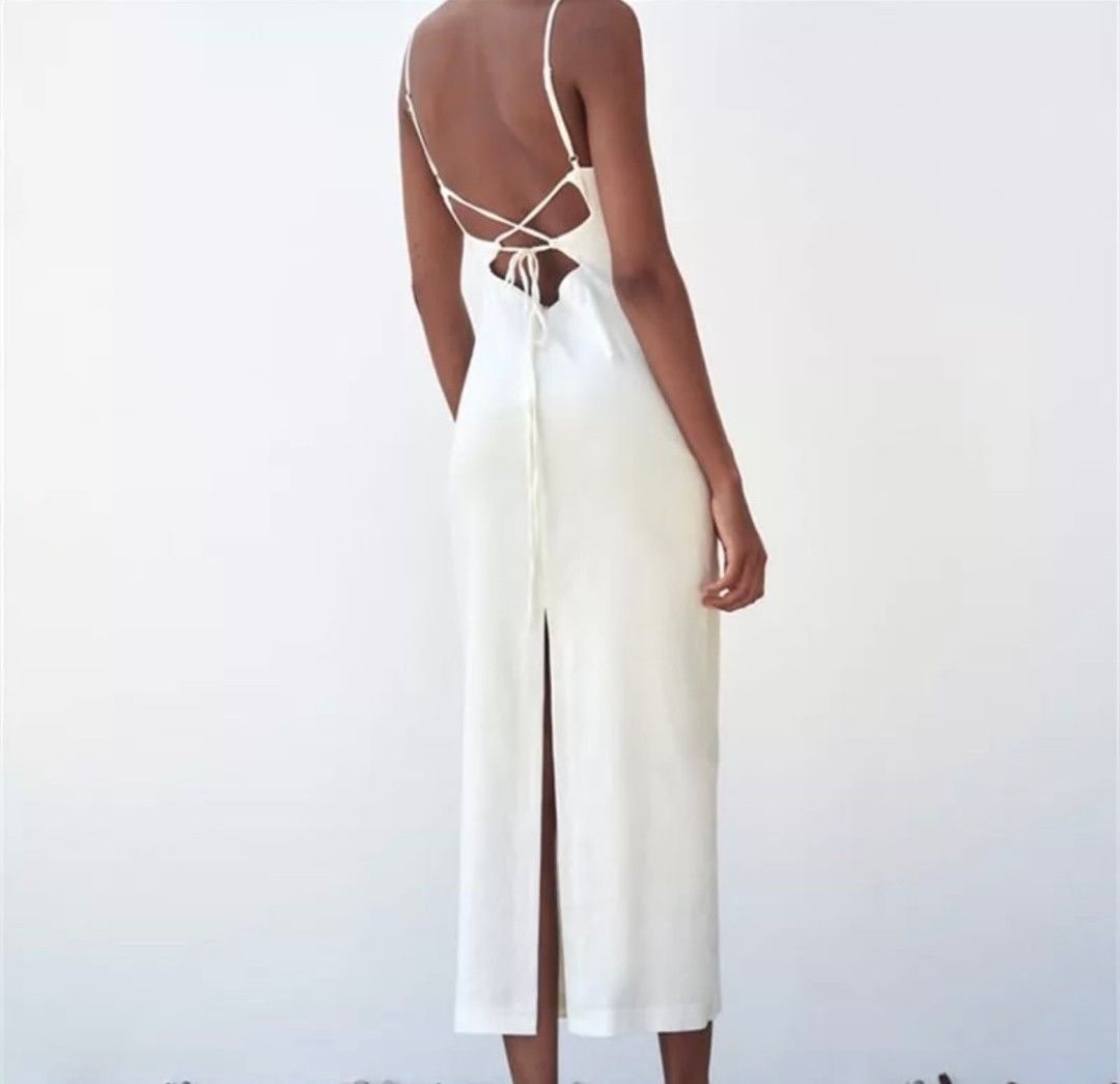 Zara Midi Dress Linen blend (CUT-OUT), Women's Fashion, Dresses & Sets,  Dresses on Carousell