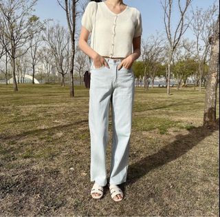 Zoey’s 正韓 細直紋感 淺藍軟料牛仔直筒褲 M