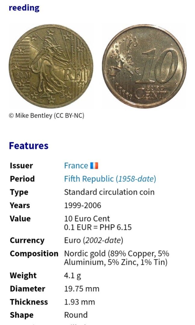 10 euro cent France (Category: Currency) located in Talisay. Submitted by olxph_228238255 (Listing ID 1250764532, Image 1). Description: add sf ask me for pictures the crew of carrousel doesn't understand that the euro coins look the same on one site and my posts are deleted.