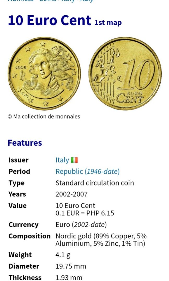 10 euro cent Italy (Category: Currency) located in Talisay. Submitted by olxph_228238255 (Listing ID 1250764351, Image 1). Description: add sf ask me for pictures the crew of carrousel doesn't understand that the euro coins look the same on one site and my posts are deleted.