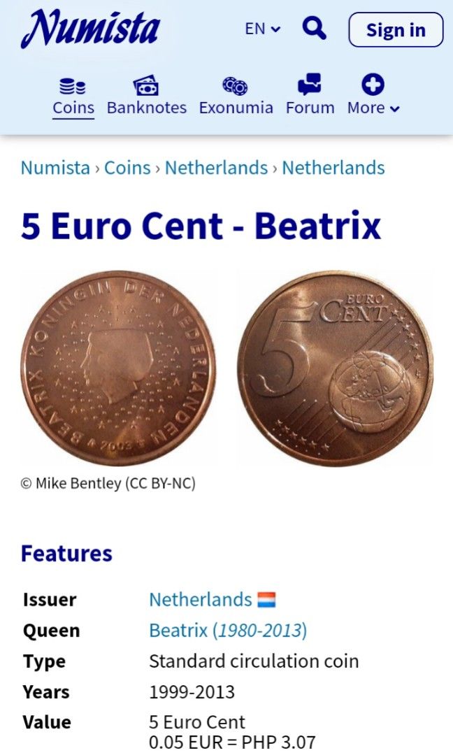 5 euro cent Netherlands king (Category: Currency) located in Talisay. Submitted by olxph_228238255 (Listing ID 1250753995, Image 1). Description: add sf ask me for pictures the crew of carrousel doesn't understand that the euro coins look the same on one site and my posts are deleted.