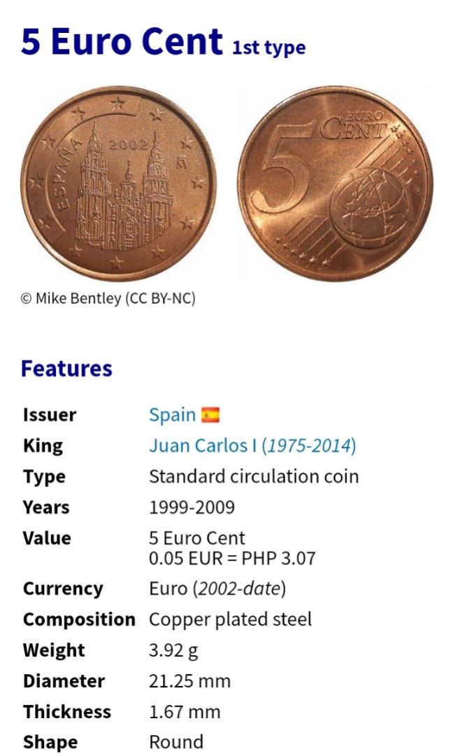 5 euro cent Spain (Category: Currency) located in Talisay. Submitted by olxph_228238255 (Listing ID 1250757297, Image 1). Description: add sf ask me for pictures the crew of carrousel doesn't understand that the euro coins look the same on one site and my posts are deleted.