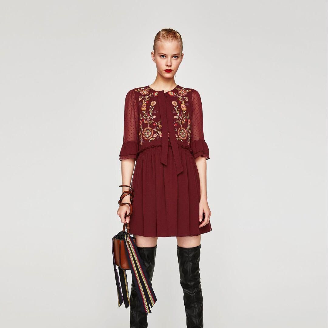 AUTHENTIC ZARA Embroidered Dress with Bow at the Neck Women s Fashion Dresses Sets Dresses on Carousell
