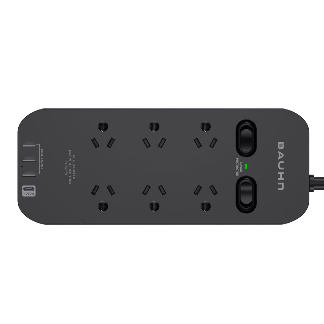 Bauhn 6Way Surge Powerboard with 30w USBC PD Surge and overload