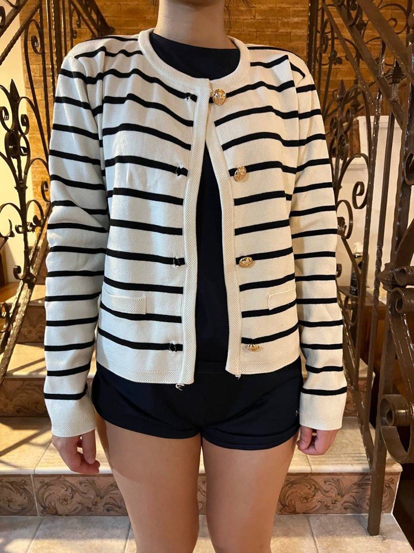 White cardigan top with black stripes