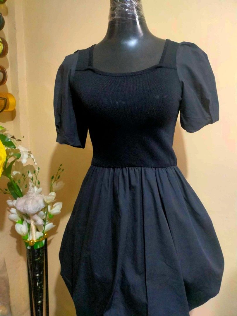 Viscose Short Puffy Sleeve Dress - Black