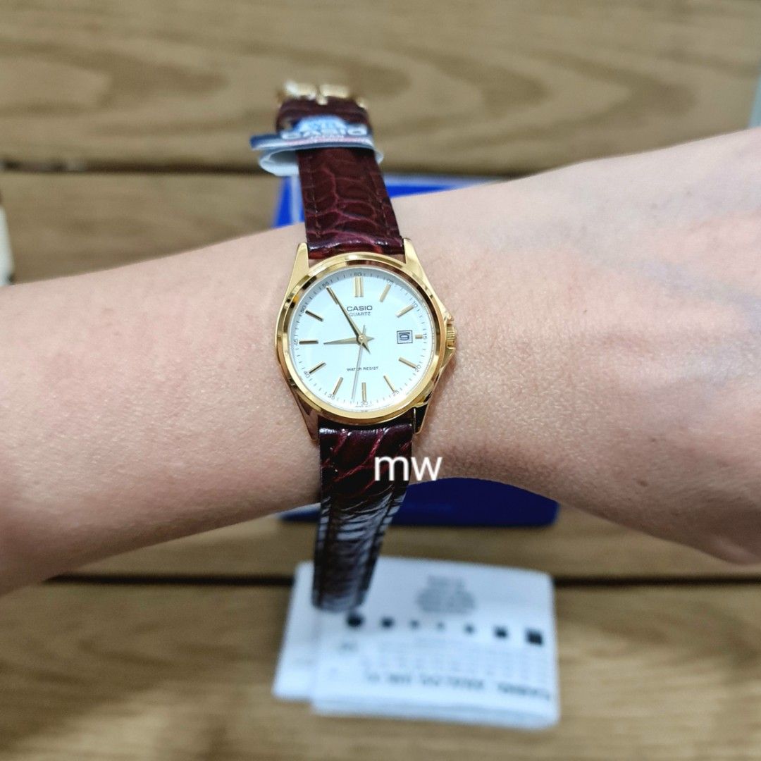 CASIO LTP 1183Q 9A DATE ANALOG QUARTZ BROWN LEATHER GOLD DIAL LADIES DRESS WATCH