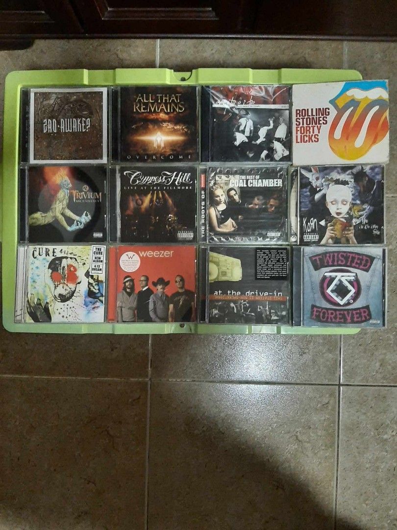 CDs for sale (Category: CDs & DVDs) located in Cabuyao City. Submitted by boozerboy21 (Listing ID 1250879138, Image 1). Description: CDs for sale At the drive in- 350 ex to nm The cure- 500 ex Weezer- 350 ex to nm Trivium- ascendency 350 vg to ex Cypress hill- 350 vg to ex Coal chamber 500 ex Korn 450 ex to nm Zao- 400 nm to mint All that remains 450 nm Everytime i die- 400 vg to ex Rolling stones 700 2 disc ex to nm Twisted sister twisted foreve
