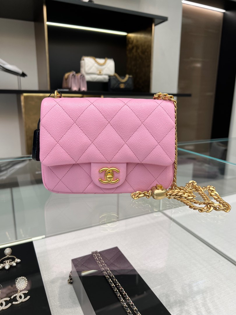 Chanel 23P Mini Flap Pink Caviar GHW Adjustable with Heart Chain