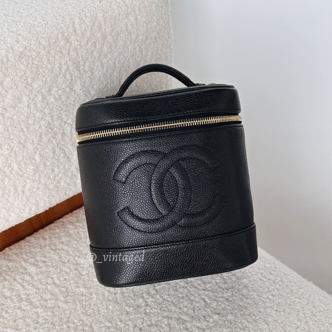 Chanel Vintage Vanity Case in Black Caviar 24k GHW, Luxury, Bags