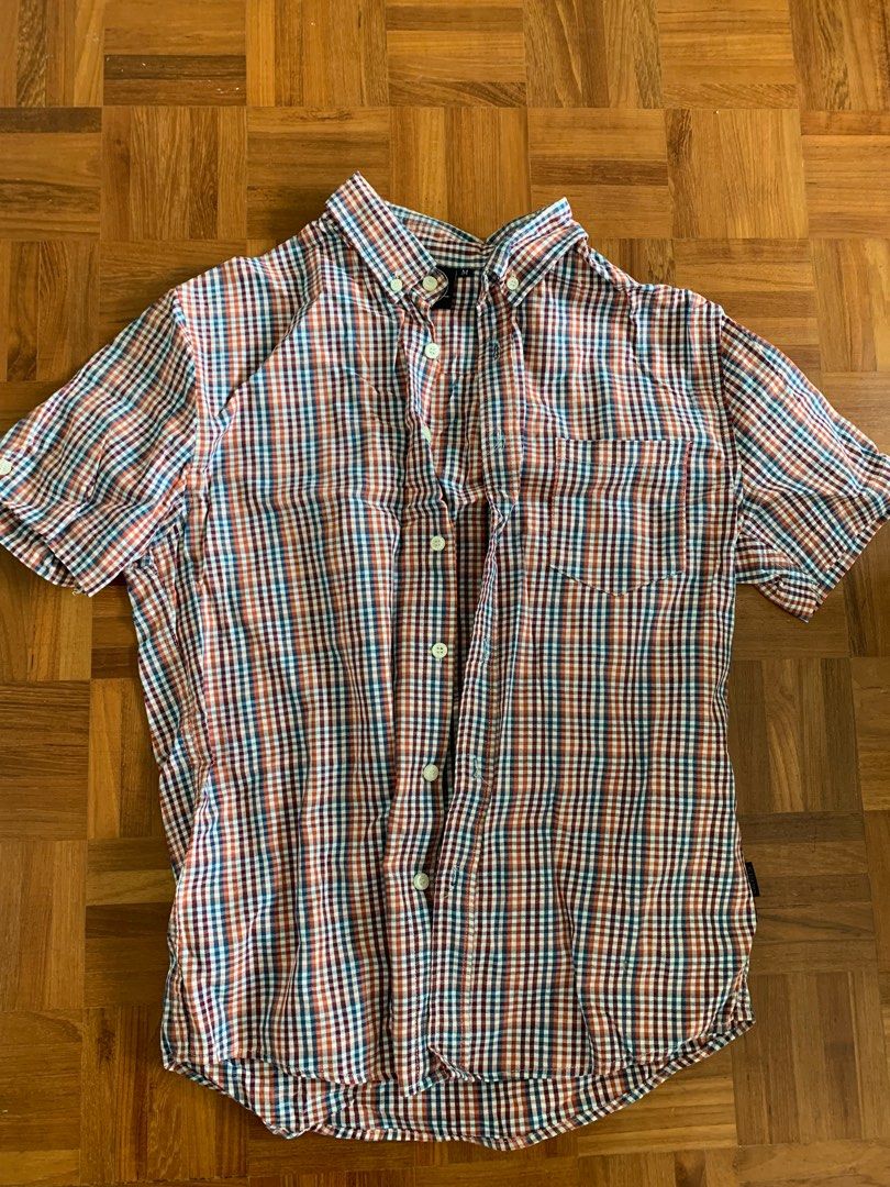 Checkered short sleeve button sales up