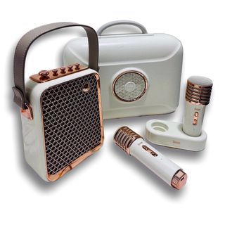 Divoom Songbird White Beige Gold Portable Karaoke Set with Wireless Mic