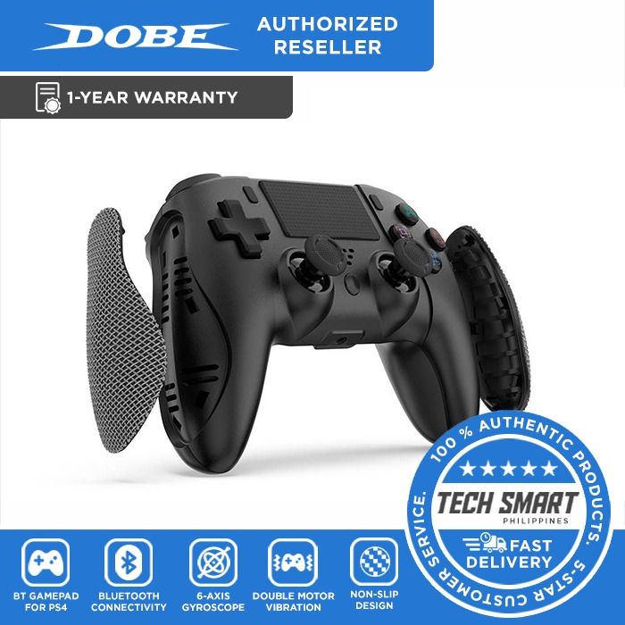 DOBE Wireless Bluetooth Gamepad for PS4 Playstation 4 Controller with Six-axis Dual-Motor Vibration Function (Category: Controllers) located in Las Pinas. Submitted by techsmartph (Listing ID 1250869524, Image 1). Description: * This product is a Bluetooth handle suitable for PS4 host. * Beautiful and elegant design. * It uses TYPE-C USB plug cable and PS4 host to pair the code. * After the code is coded, it can be operated wirelessly. * Support 