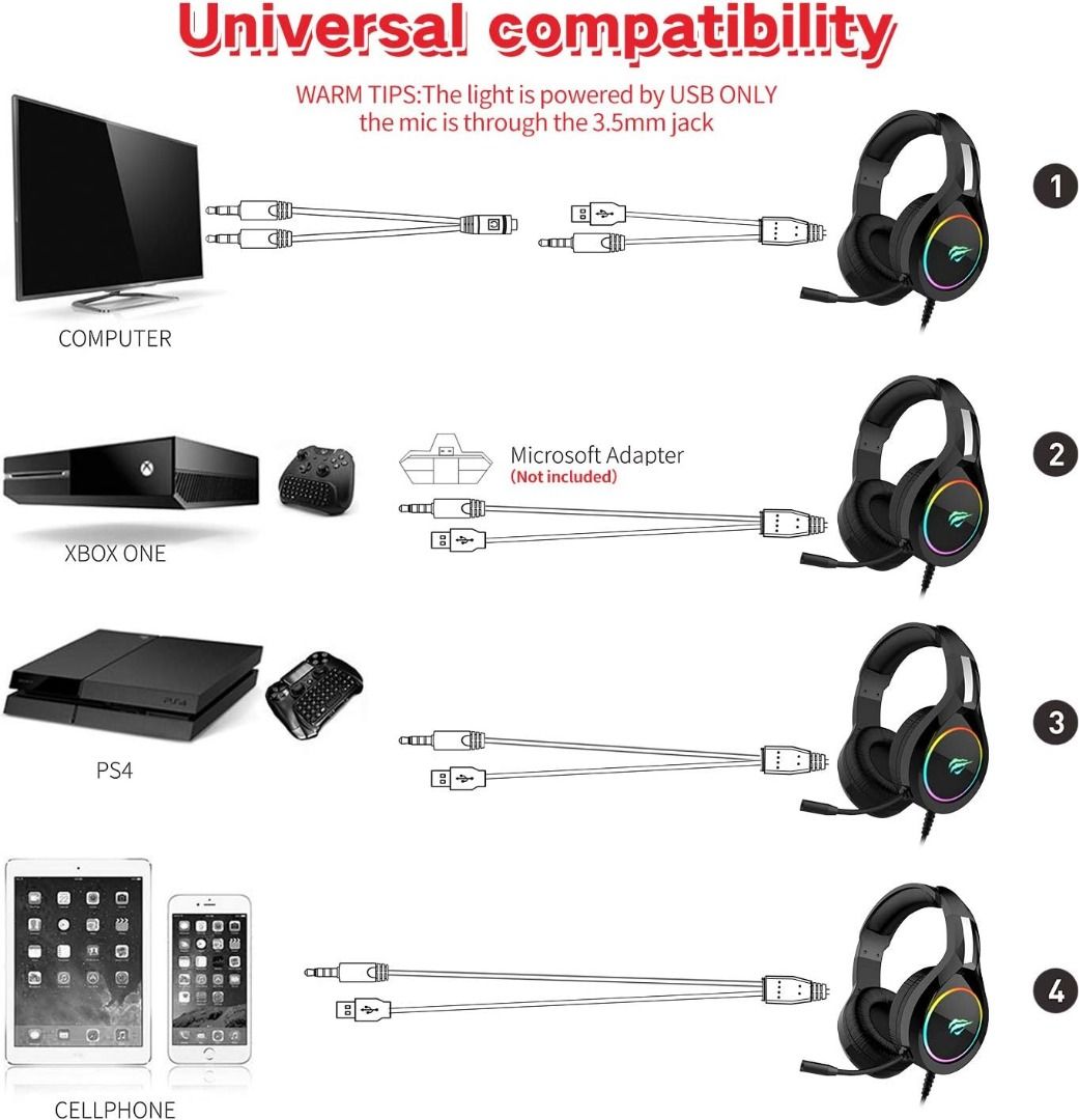 havit RGB Wired Gaming Headset PC USB 3.5mm XBOX PS4 Headsets
