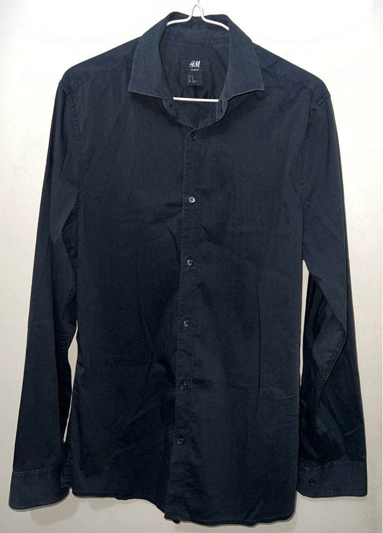 H M Long Sleeve Men Button Shirt Black Slim Fit Men s Fashion
