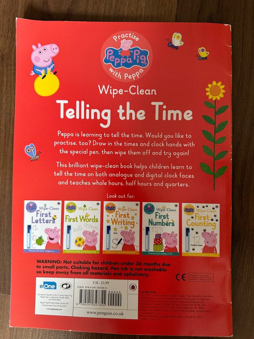 Peppa pig wipe and clean telling the time, 興趣及遊戲, 書本 & 文具, 小朋友書 - Carousell